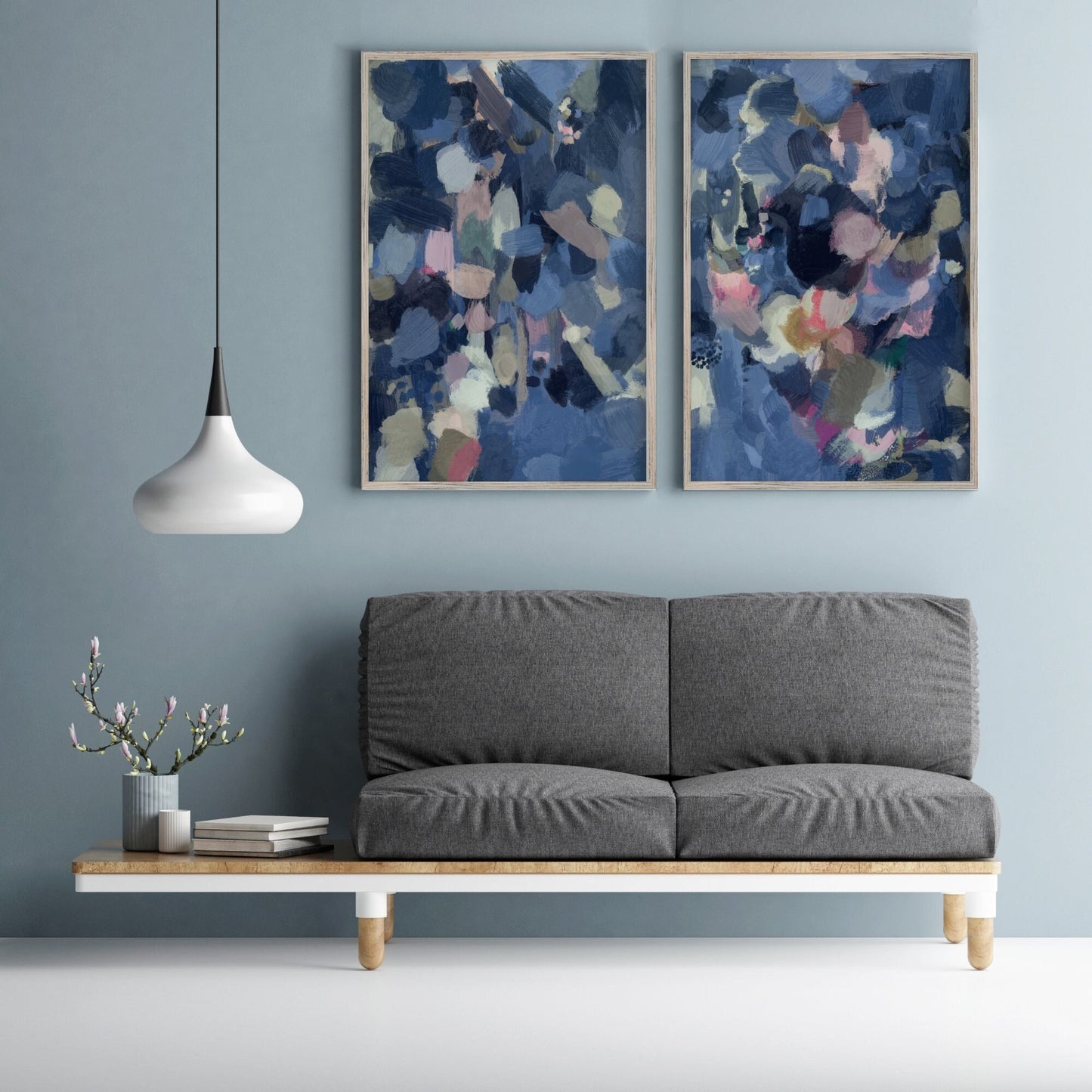 Navy blue abstract paintings.