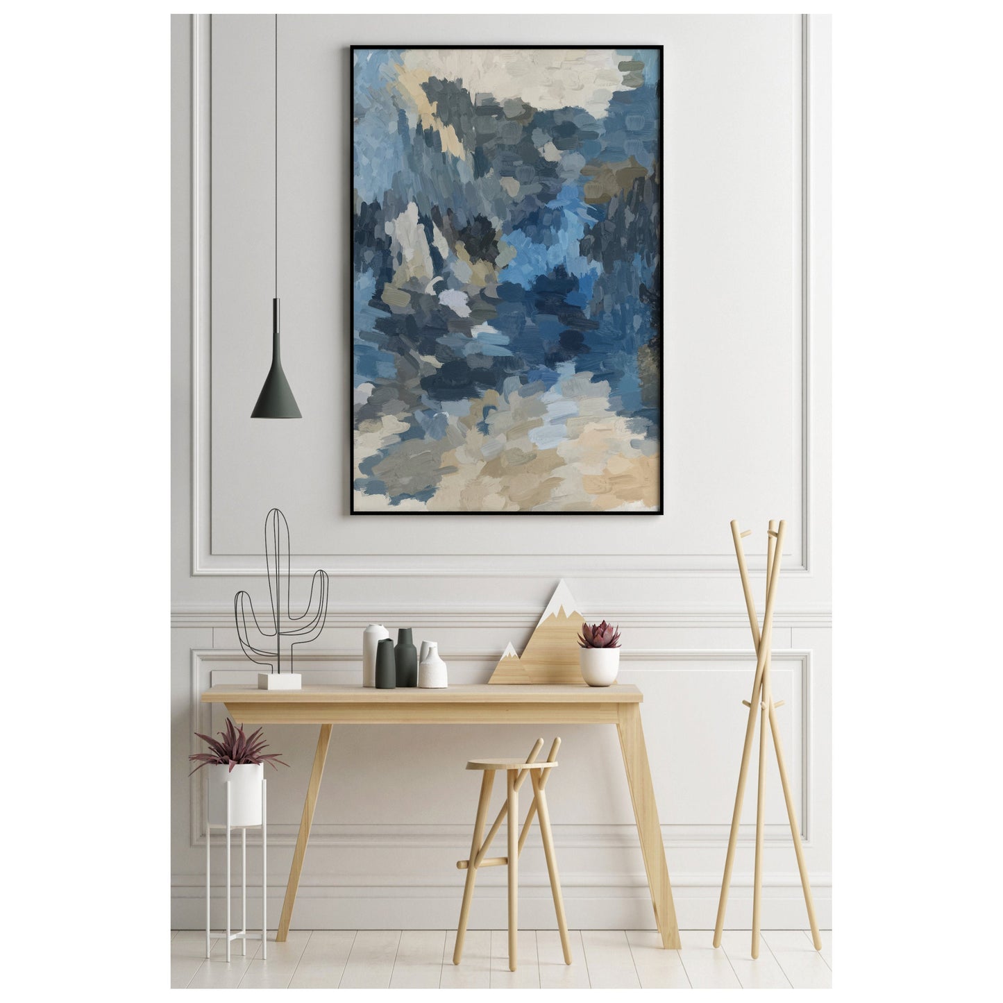 Abstract painting, navy bleu, indigo and beige. Giclee print. Large wall abstract art.