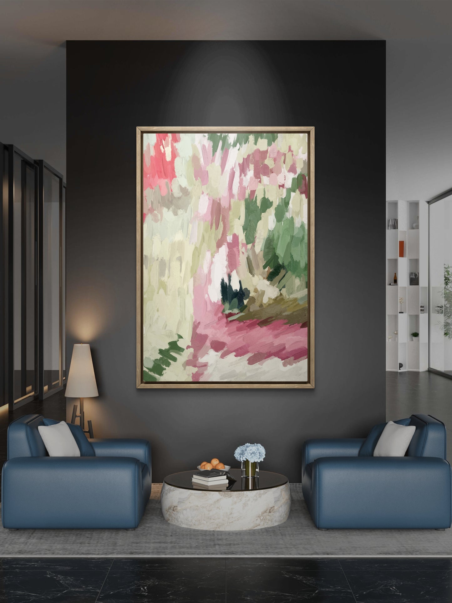 Contemporary abstract canvas artwork in pink and green tones for living room