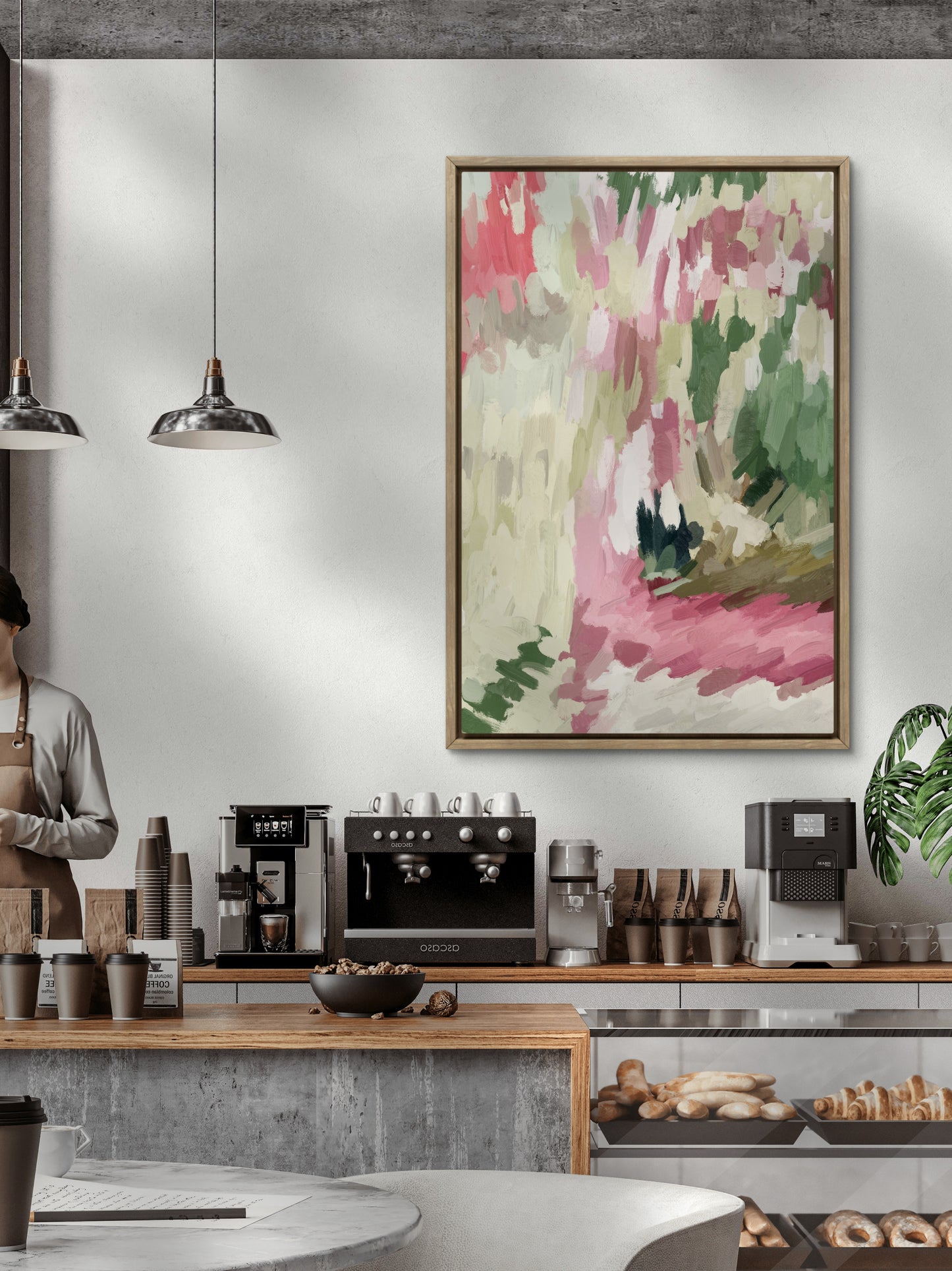 Extra large abstract canvas wall art in pink and green for modern interior C327