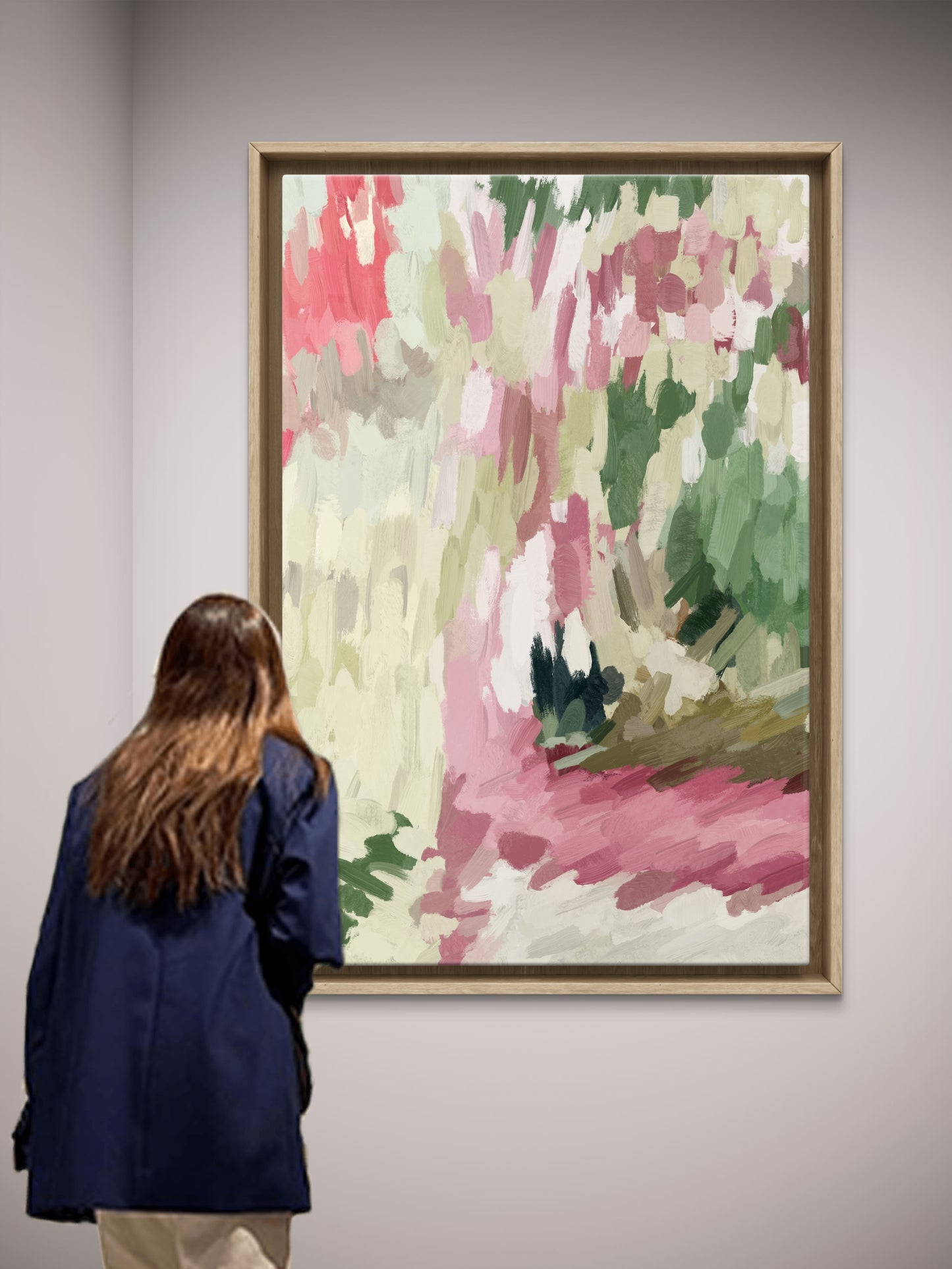 Large abstract canvas wall art in pink and green tones – modern painting C327