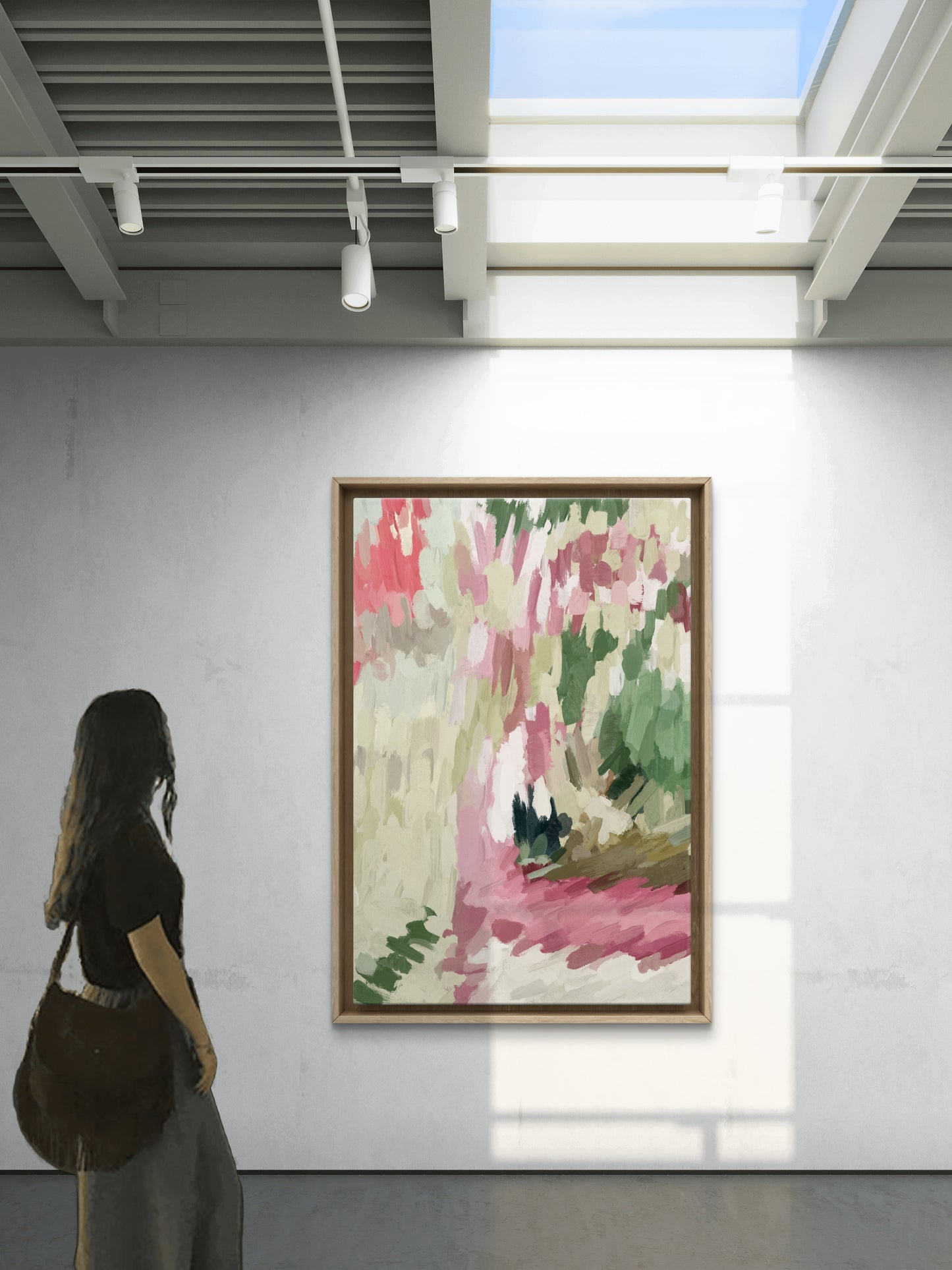Large modern abstract canvas wall art with soft pink and green colors C327