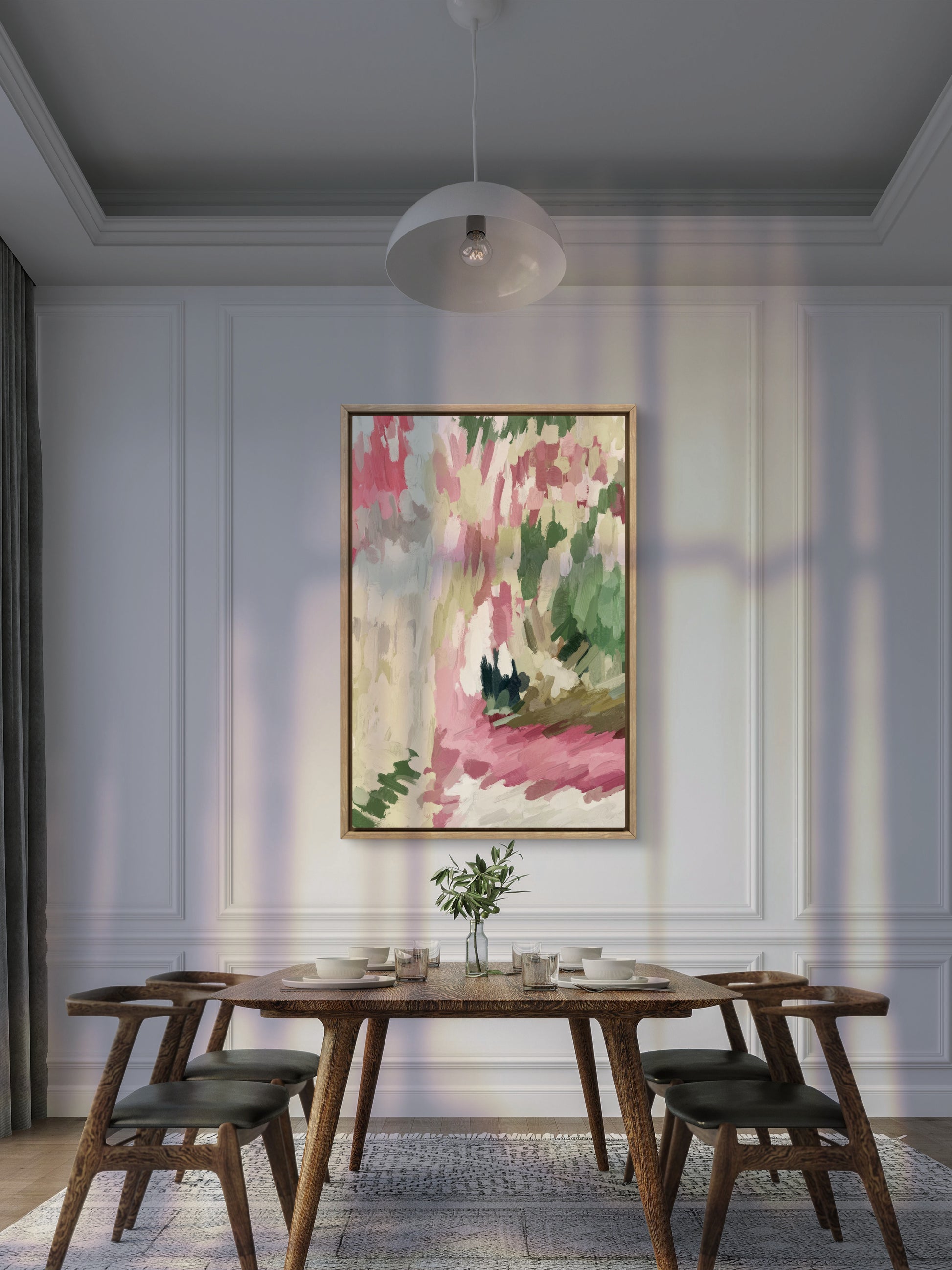 Modern large canvas wall art with expressive pink and green abstract forms C327