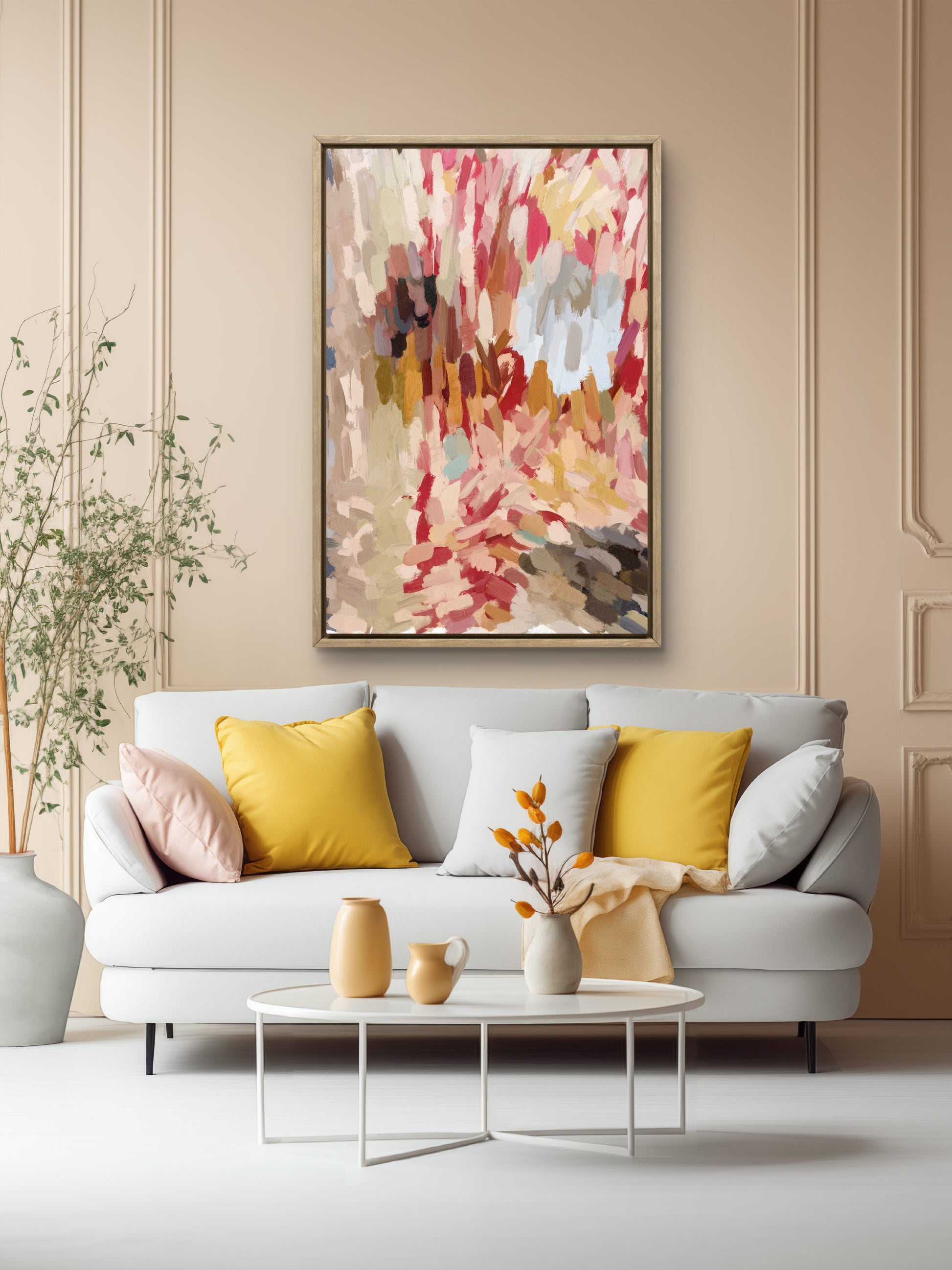 large abstract canvas wall art in warm beige and red tones, modern statement painting for living room