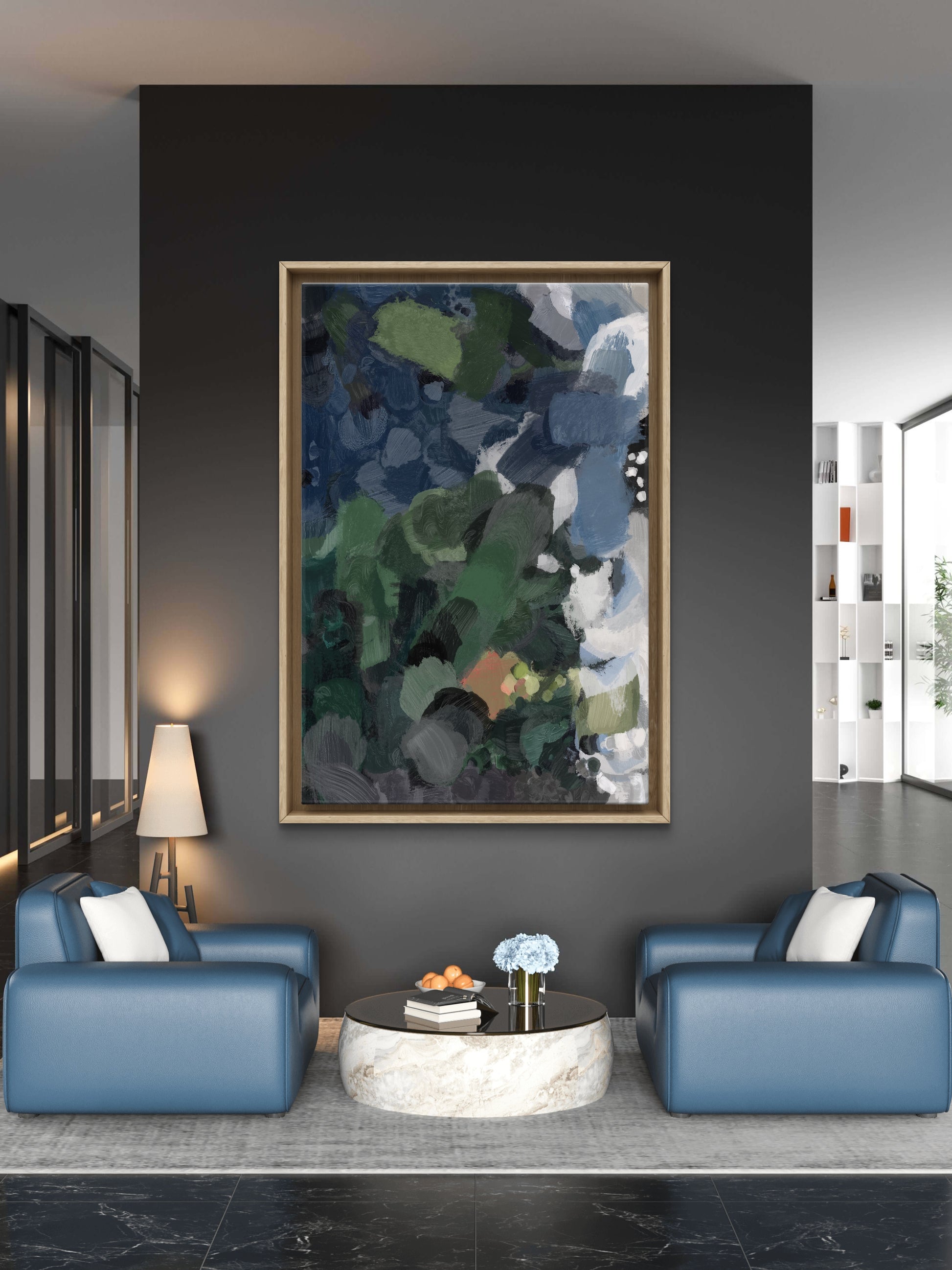 large navy blue green abstract canvas wall art modern painting print C154